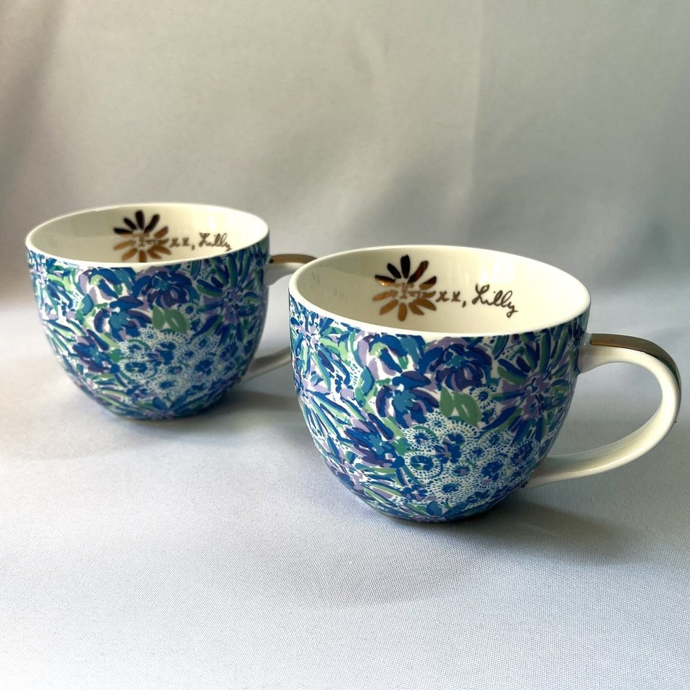 LILLY PULITZER Ceramic Mugs Cups Blue Floral Gold Handle 12 fl oz. Set of 2